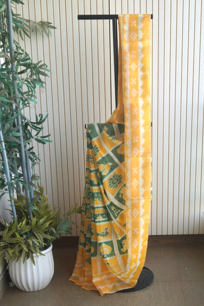 Exclusive Odisha Ikkat Nabakothi Pure Silk Saree- Pastel Yellow & Green