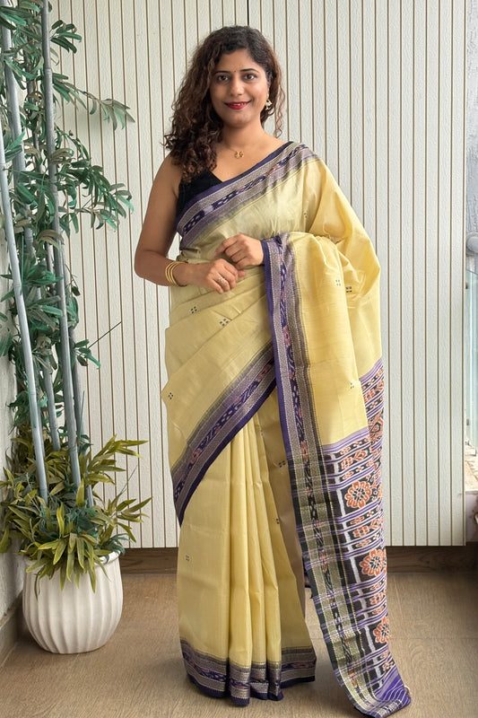 Odisha Ikkat Khandua Pure Silk Saree- Beige And Navy Blue
