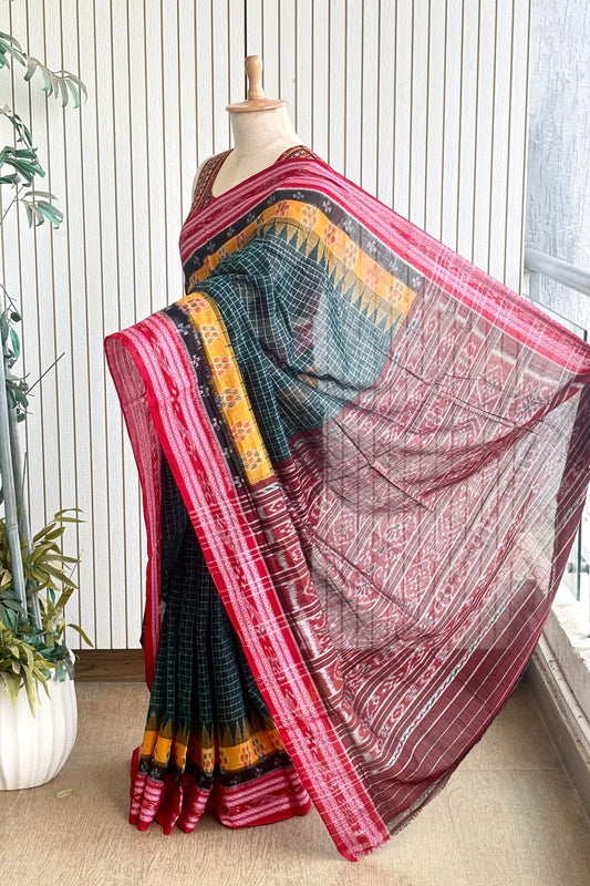 Odisha Ikkat Khandua Cotton Saree - Bottle Green