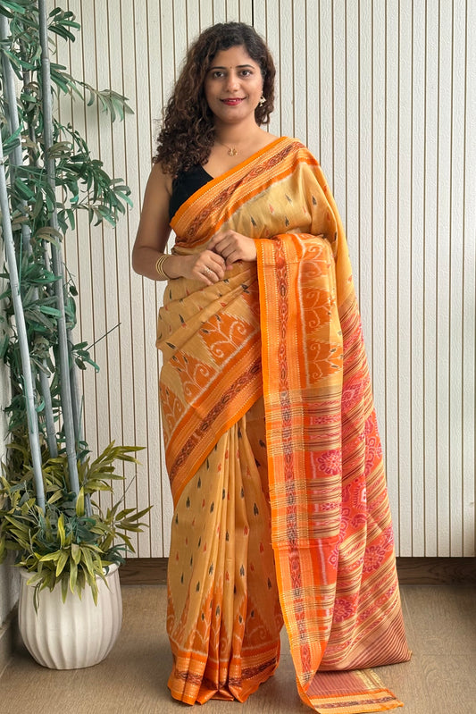 Odisha Ikkat Khandua Pure Silk Saree- Pastel Orange
