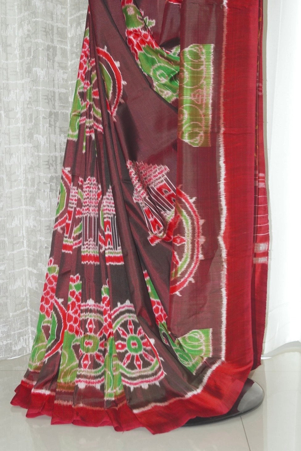 Exclusive Odisha Ikkat Khandua Pure Silk Konark Saree- Dual tone Maroon