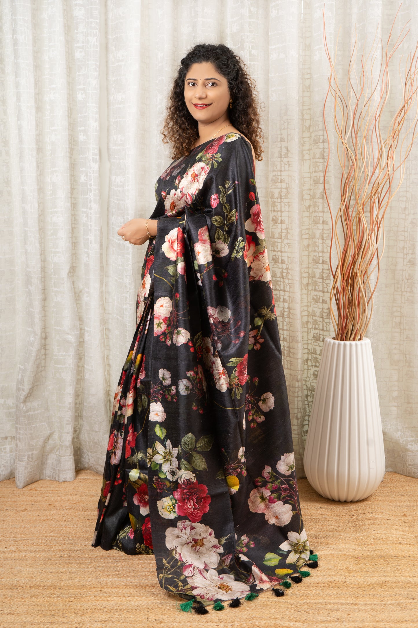 Pure Dupion Silk Saree With Digital Floral Print - Black