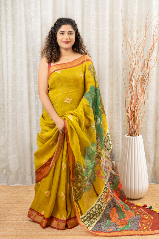 Pure Linen Saree With Digital Print- Lime Yellow