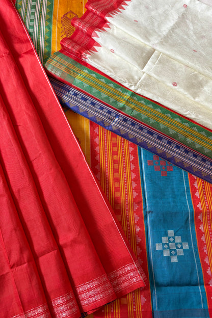 Exclusive Double Pallu Berhampuri Pure Silk Patta Saree - Off White & Red