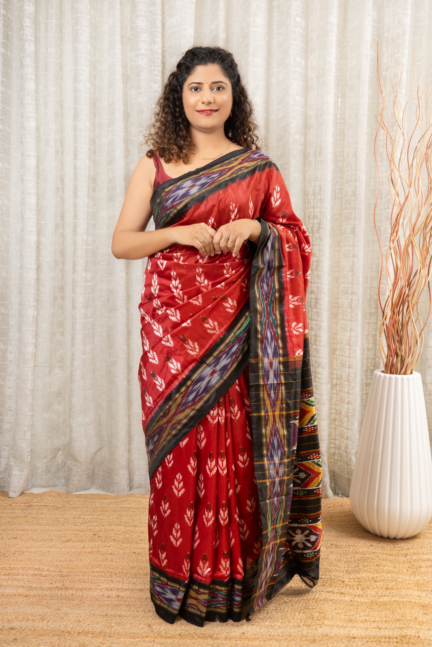 Handwoven Pochampally Ikkat Pure Silk Saree- Rust Red