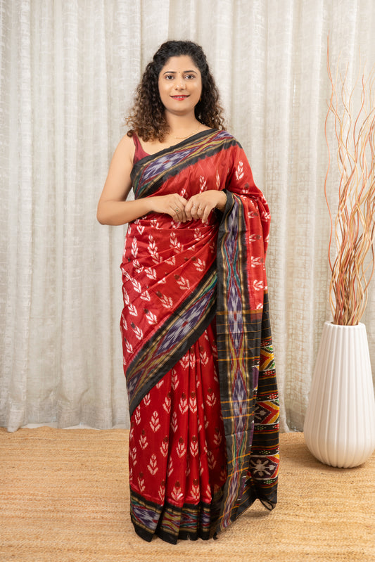 Handwoven Pochampally Ikkat Pure Silk Saree- Rust Red