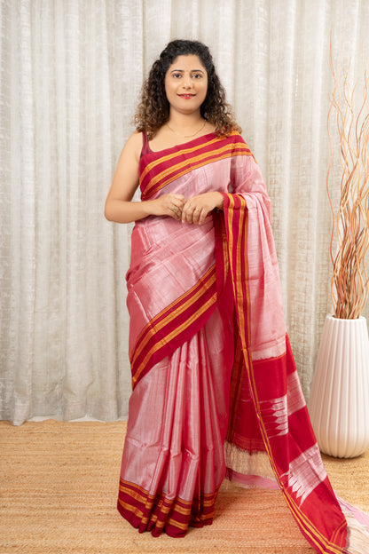 Ilkal Visose Silk Cotton Saree- Pink and Red