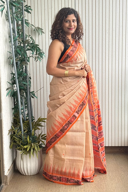 Nuapatna Ikkat Tussar (Matha) Silk Saree: Beige
