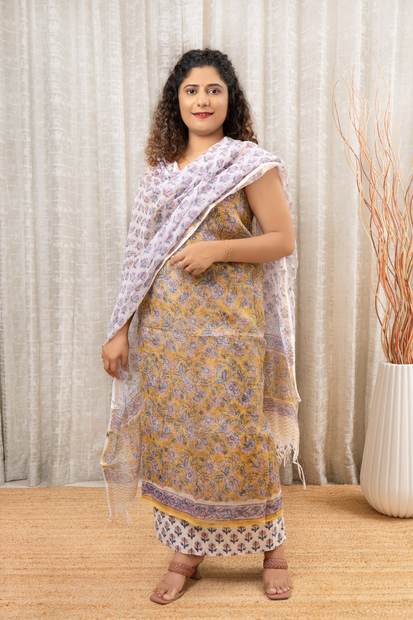 Pure Kota Doria Hand Block Print 3 Piece Dress Material With Kota Doria Dupatta