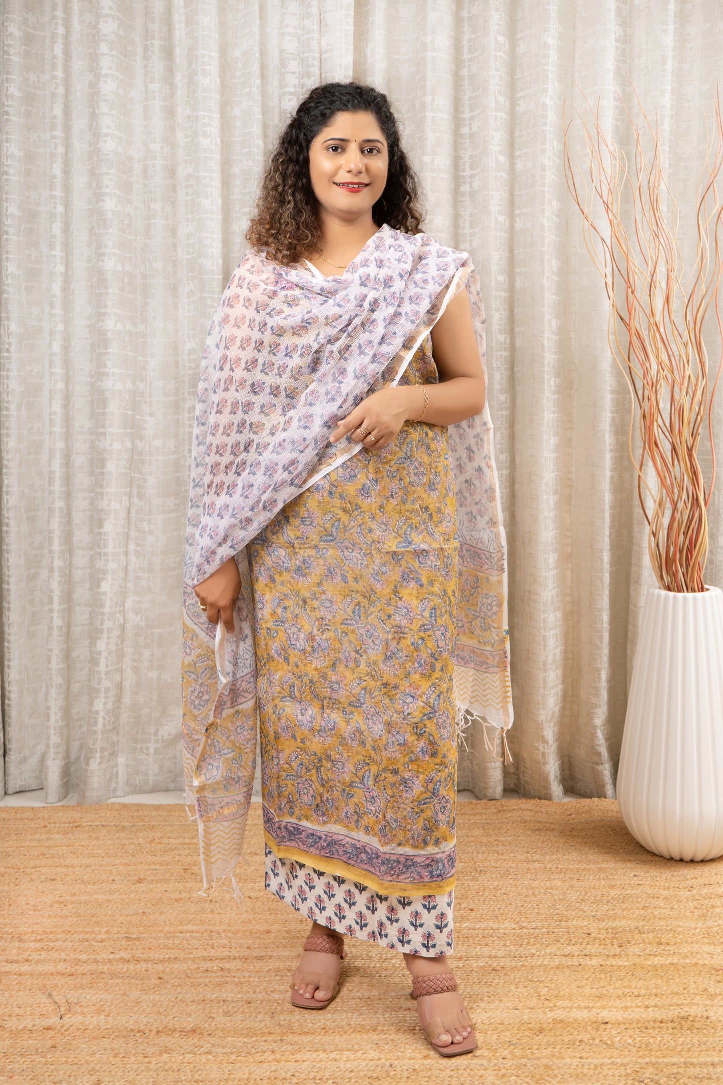 Pure Kota Doria Hand Block Print 3 Piece Dress Material With Kota Doria Dupatta