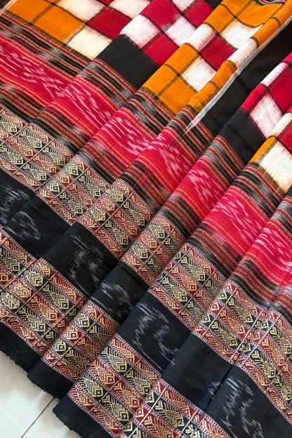 Sambalpuri Bichitrapuri Pure Cotton Saree: Black, Red & Orange