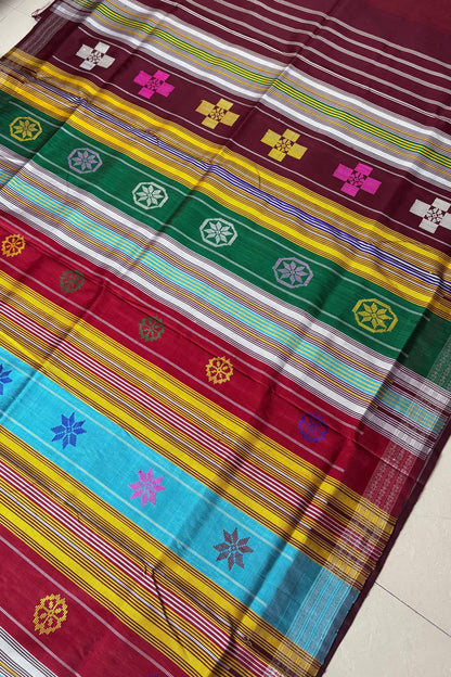 Exclusive Double Pallu Berhampuri Pure Silk Patta Saree - Blue & Deep Maroon