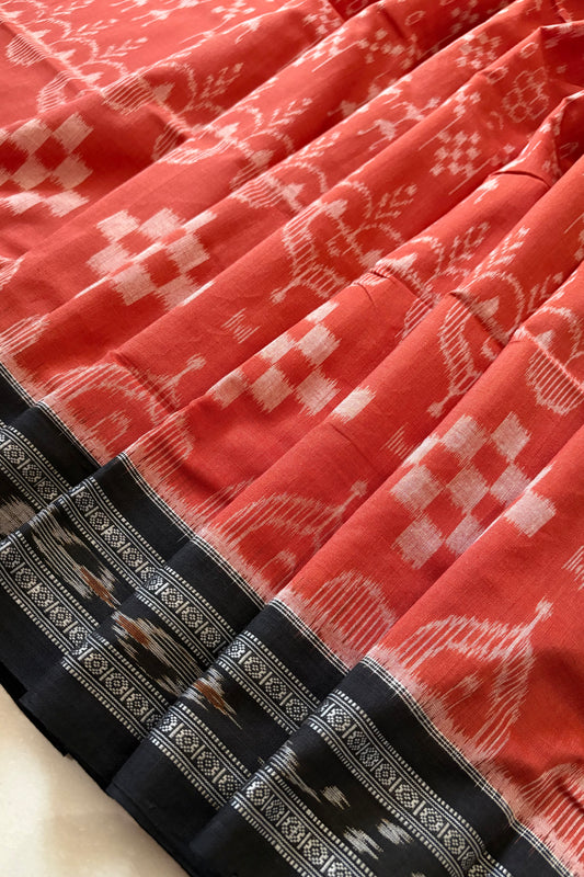 Odisha Ikkat Khandua Cotton Saree- Rust