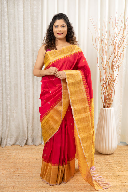 Handwoven Gadwal Pure Silk Saree- Red