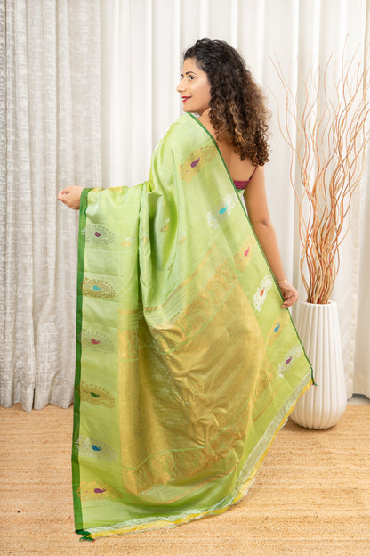 Handwoven Gadwal Pure Silk Saree - Pastel Green