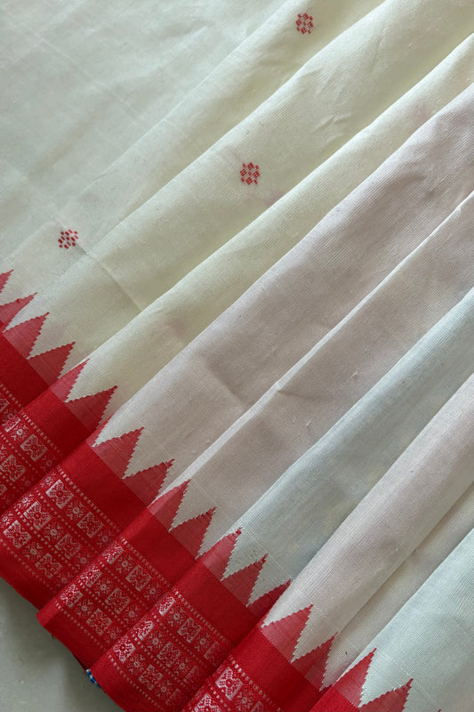 Exclusive Double Pallu Berhampuri Pure Silk Patta Saree - Off White & Red
