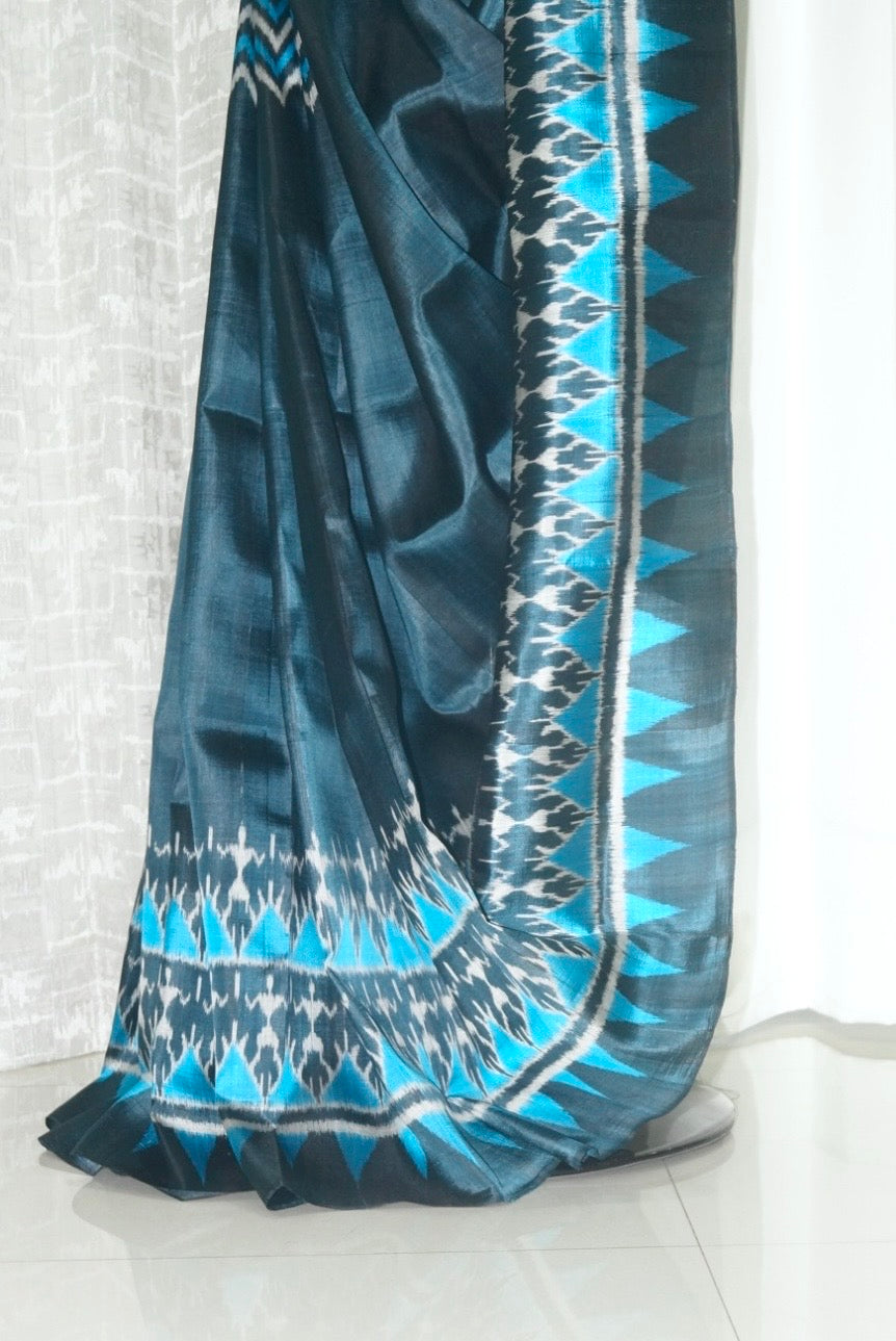 Odisha Ikkat Khandua Pure Silk Saree- Charcoal Blue