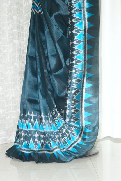 Odisha Ikkat Khandua Pure Silk Saree- Charcoal Blue