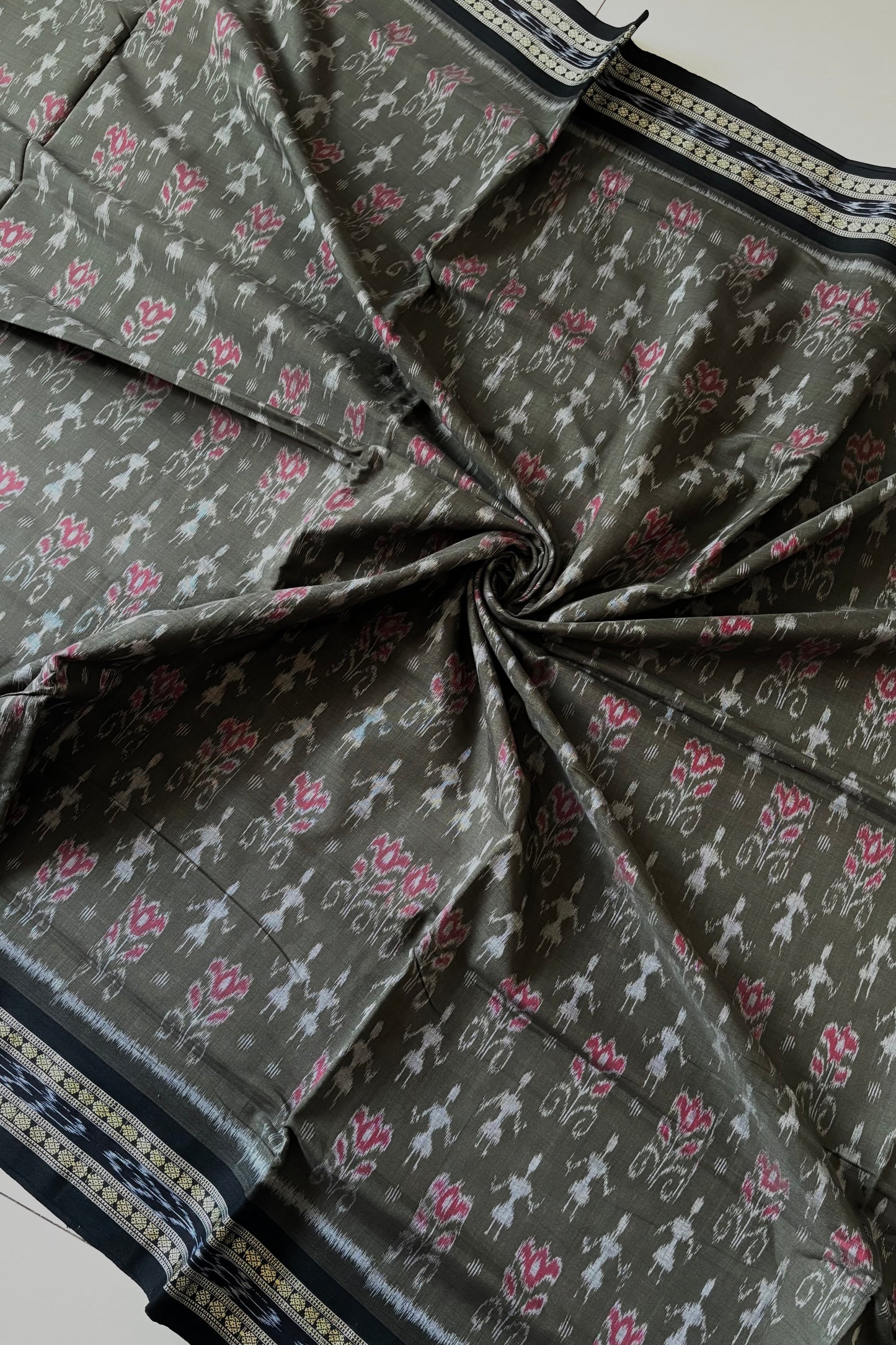 Odisha Ikkat Khandua Cotton Saree-  Dark Olive Green