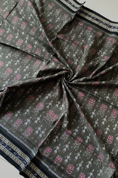 Odisha Ikkat Khandua Cotton Saree-  Dark Olive Green