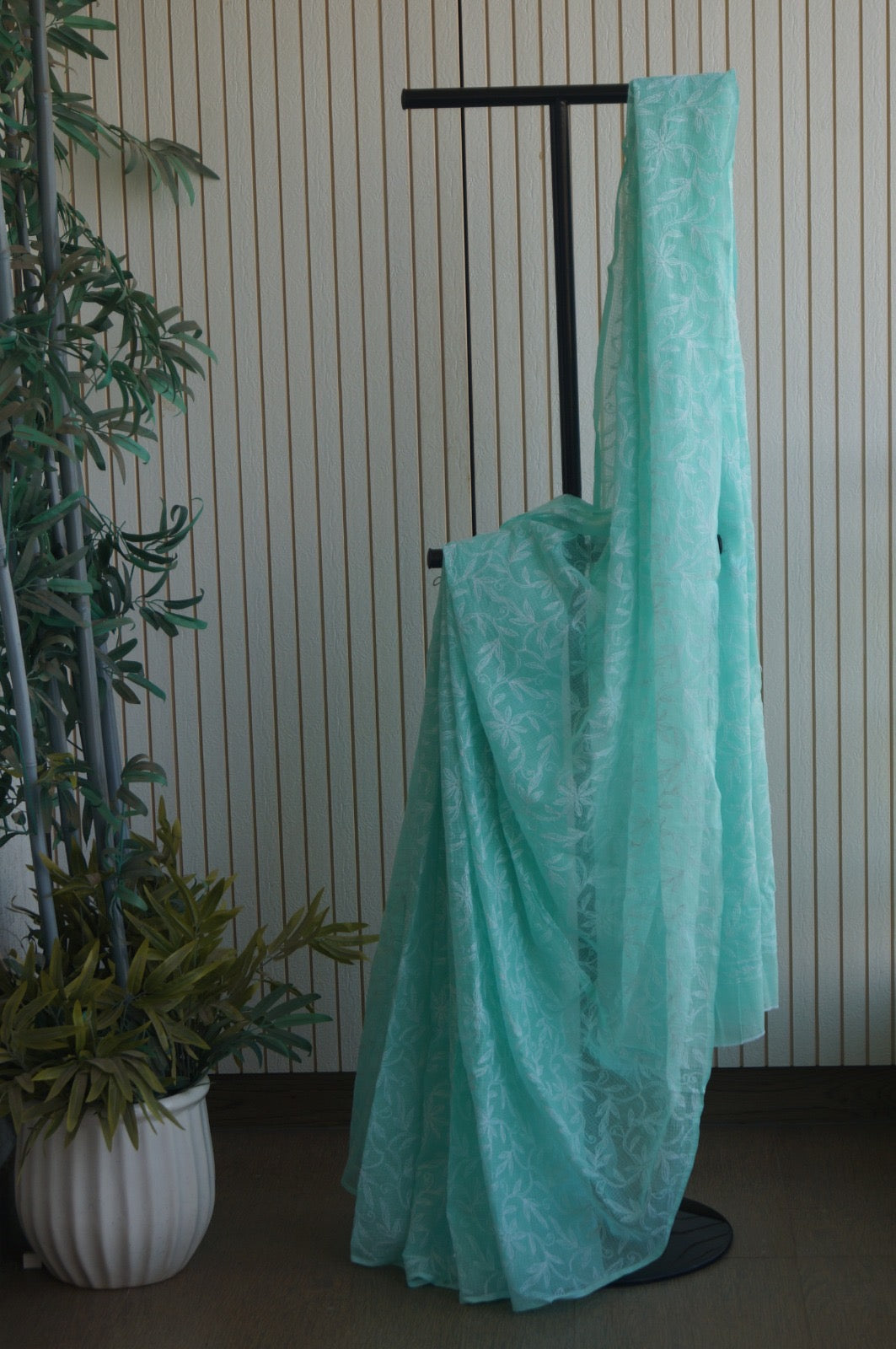 Kota Cotton Saree With Tepchi Chikankari Work- Pastel Mint