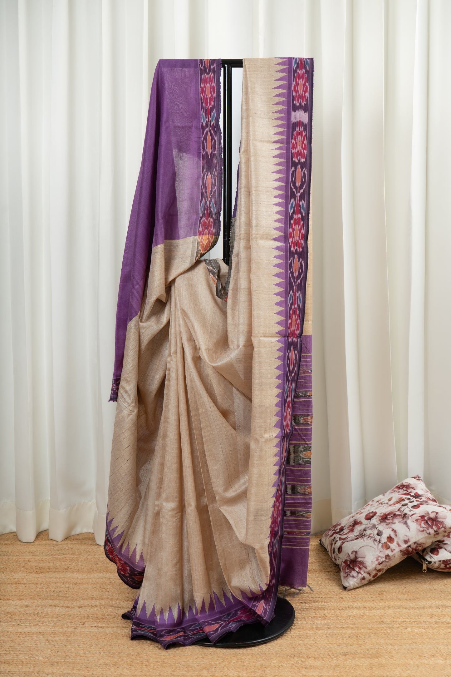 Chhatishgarh Desi Tussar Silk Saree With Ikkat Purple Border