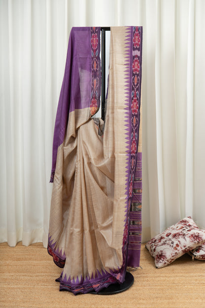 Chhatishgarh Desi Tussar Silk Saree With Ikkat Purple Border