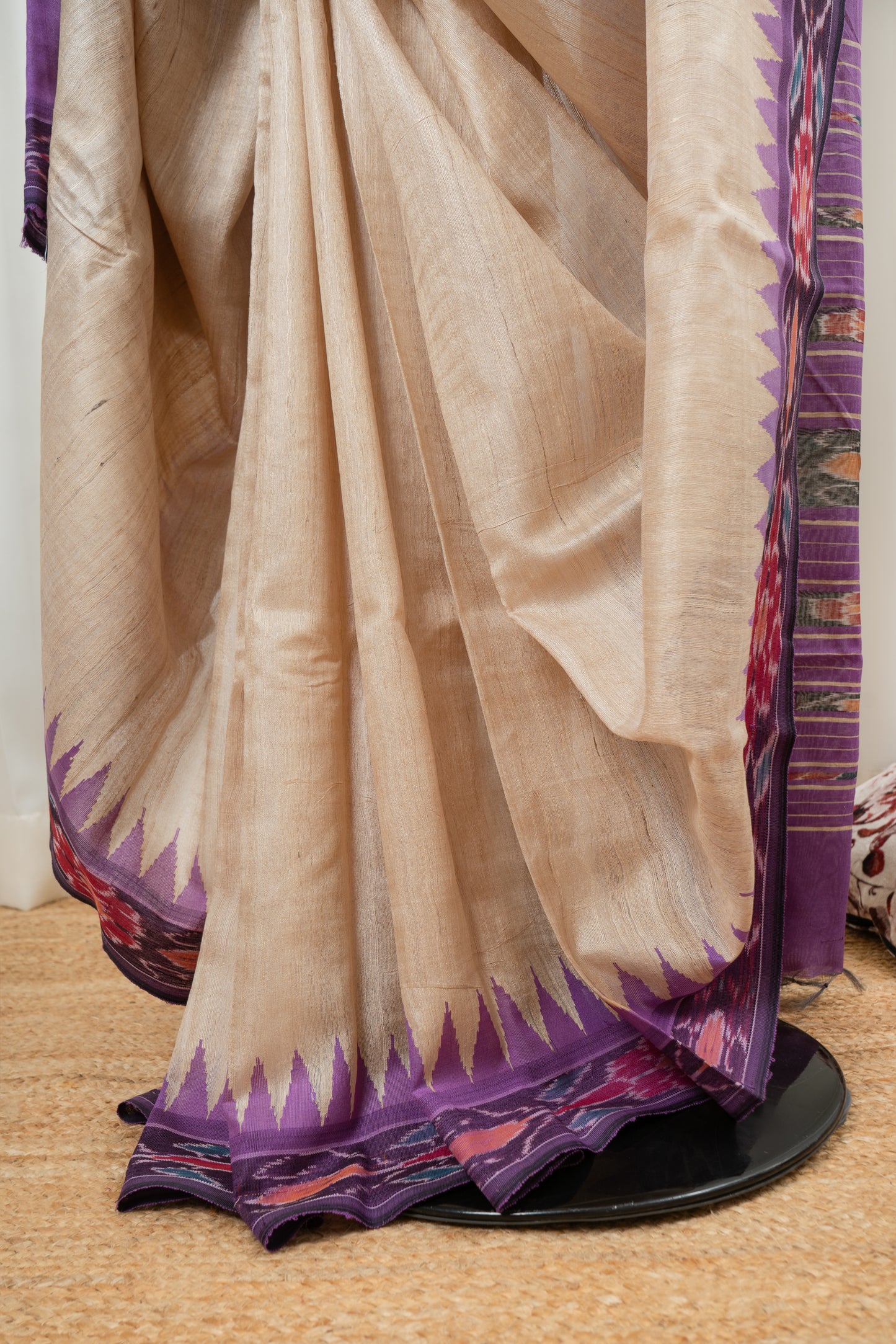 Chhatishgarh Desi Tussar Silk Saree With Ikkat Purple Border