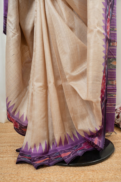 Chhatishgarh Desi Tussar Silk Saree With Ikkat Purple Border