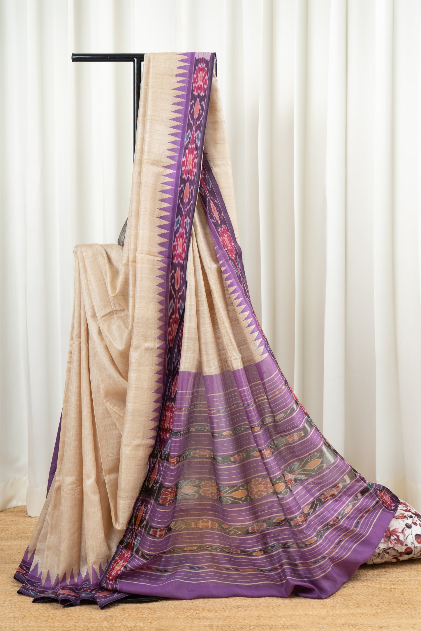 Chhatishgarh Desi Tussar Silk Saree With Ikkat Purple Border
