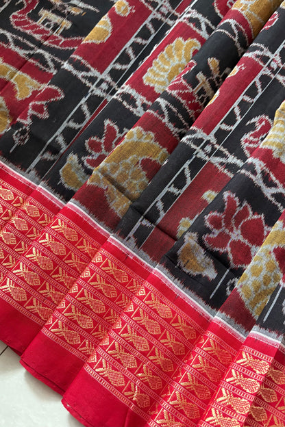 Exclusive Nabakothi Sambalpuri Cotton Saree: Black & Red