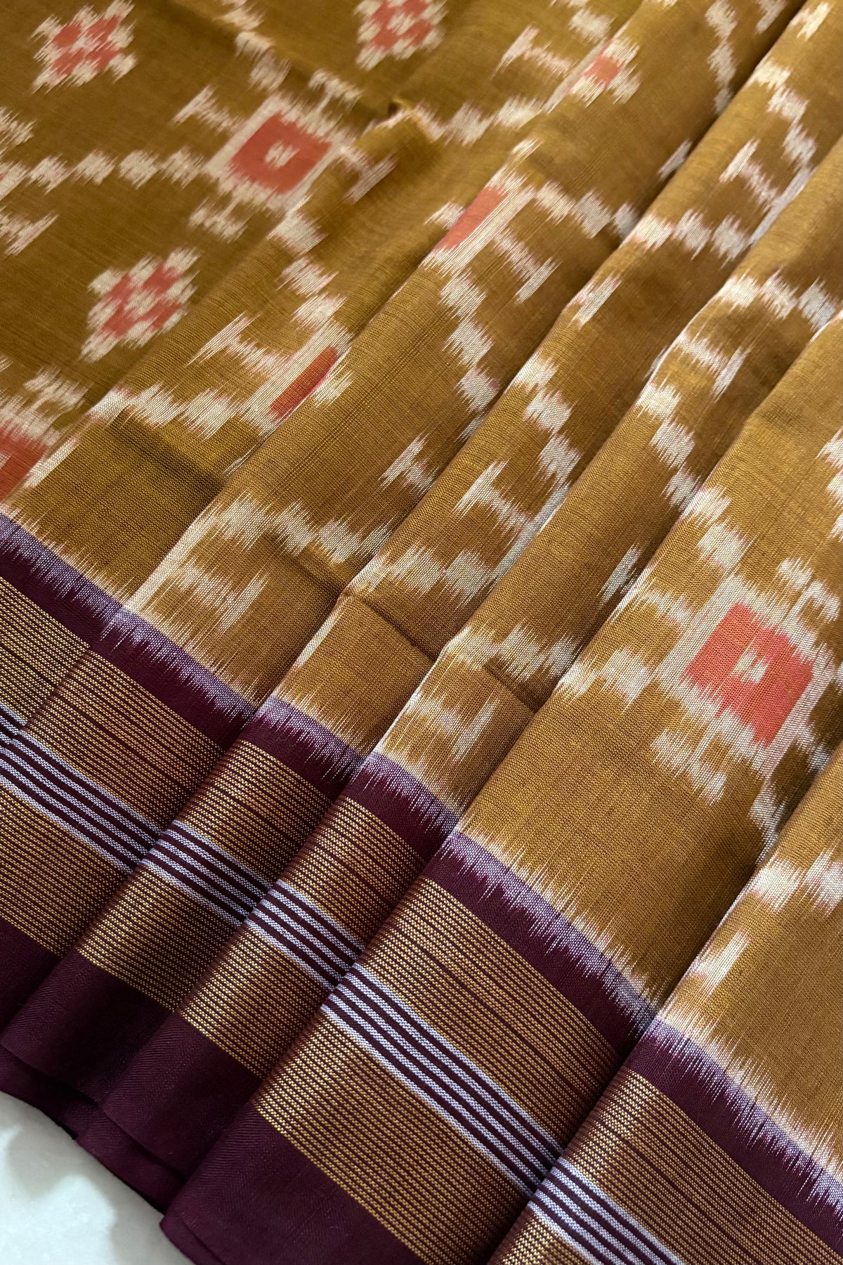 Exclusive Odisha Ikkat Khandua Cotton Saree - Olive Yellow