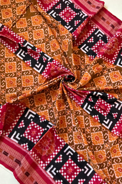 Sambalpuri Pure Cotton Saree - Mustard & Red