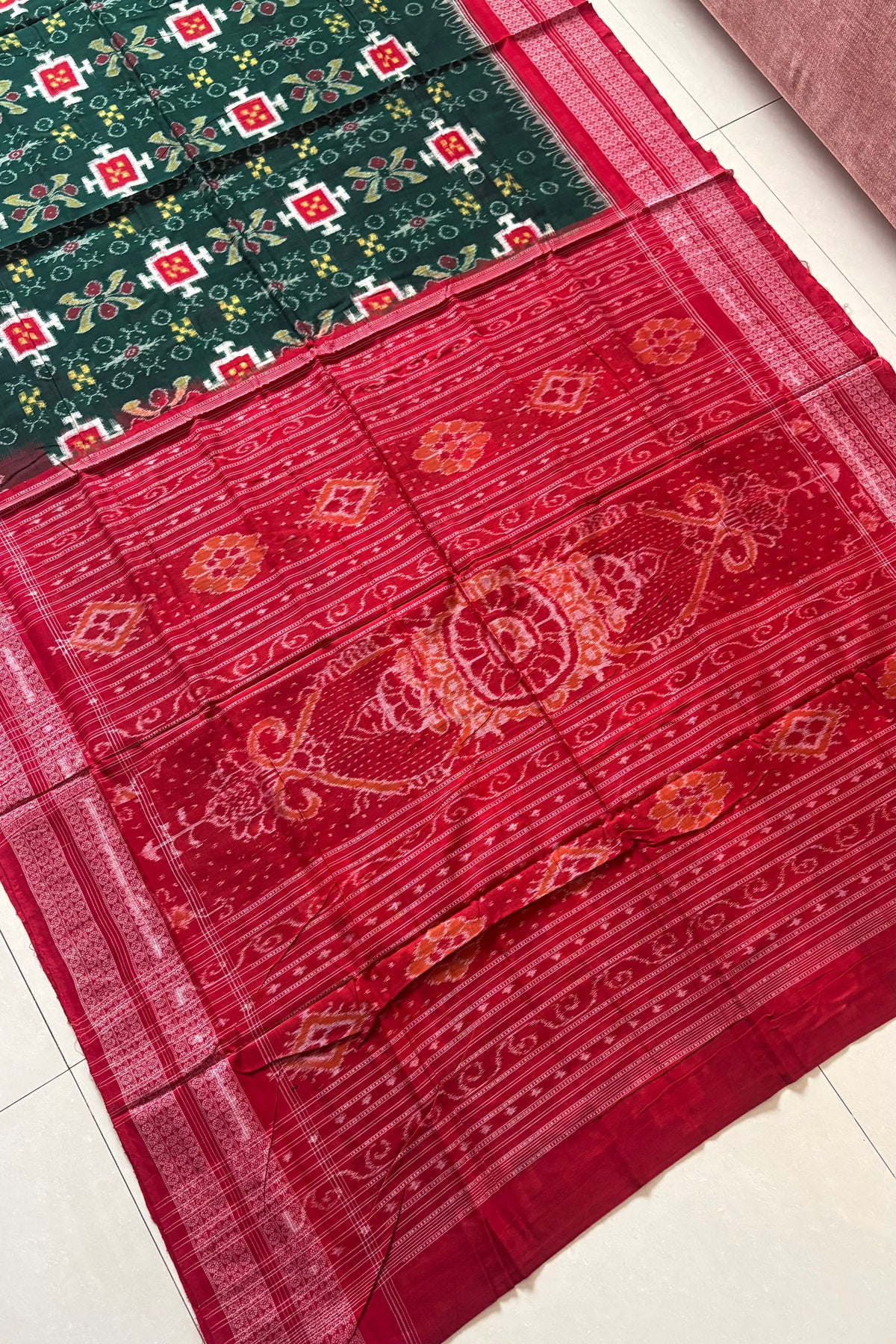 Sambalpuri Pure Cotton Saree - Bottle Green