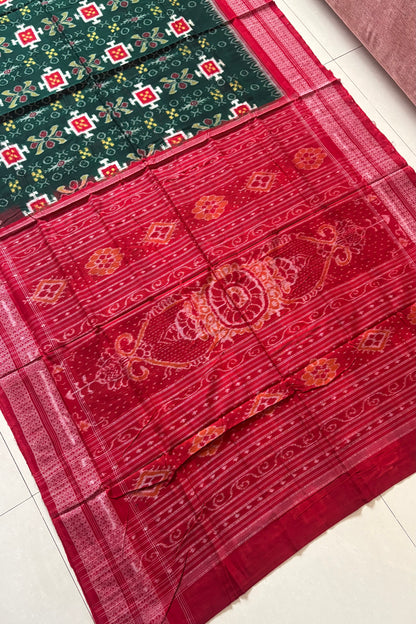Sambalpuri Pure Cotton Saree - Bottle Green