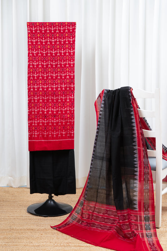 Pure Cotton Sambalpuri Ikkat 3 Piece Dress Material- Red