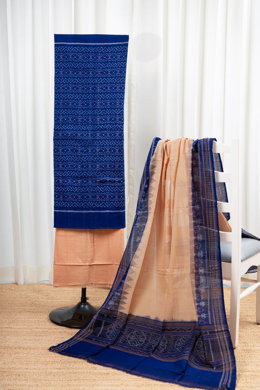 Pure Cotton Sambalpuri Ikkat 3 Piece Dress Material- Indigo