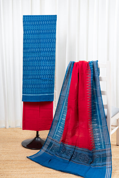 Pure Cotton Sambalpuri Ikkat 3 Piece Dress Material- Teal Blue