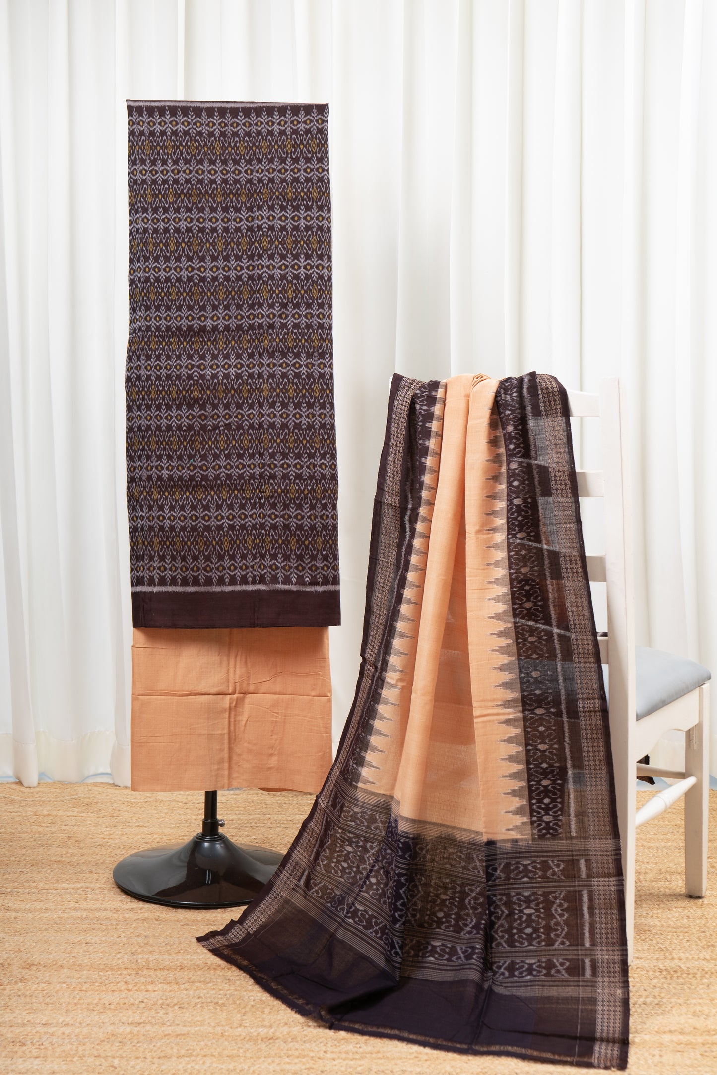 Pure Cotton Sambalpuri Ikkat 3 Piece Dress Material- Dark Coffee