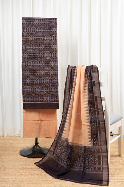 Pure Cotton Sambalpuri Ikkat 3 Piece Dress Material- Dark Coffee