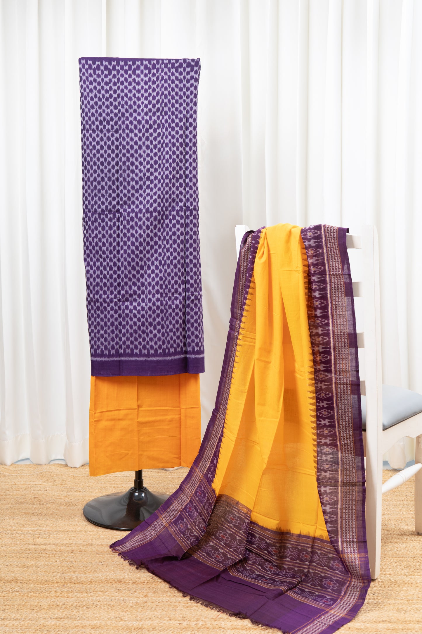 Pure Cotton Sambalpuri Ikkat 3 Piece Dress Material- Aubergine