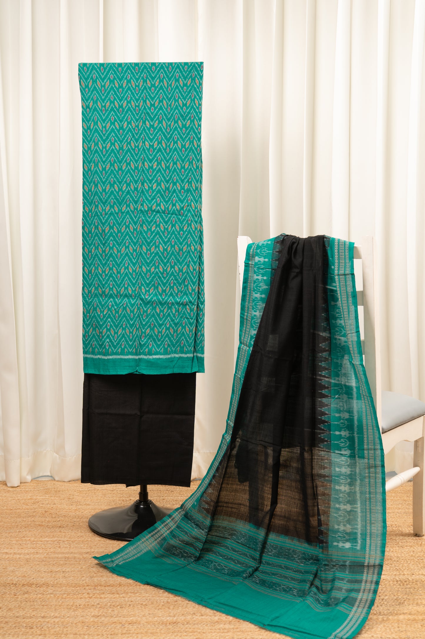 Pure Cotton Sambalpuri Ikkat 3 Piece Dress Material- Sea Green