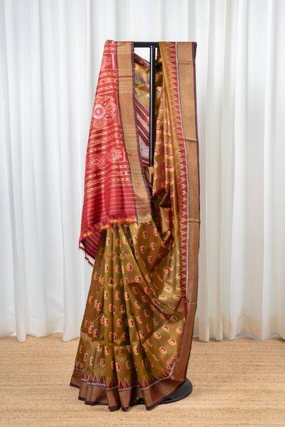 Odisha Ikkat Pure Khandua Silk Saree-Dual Shine Olive