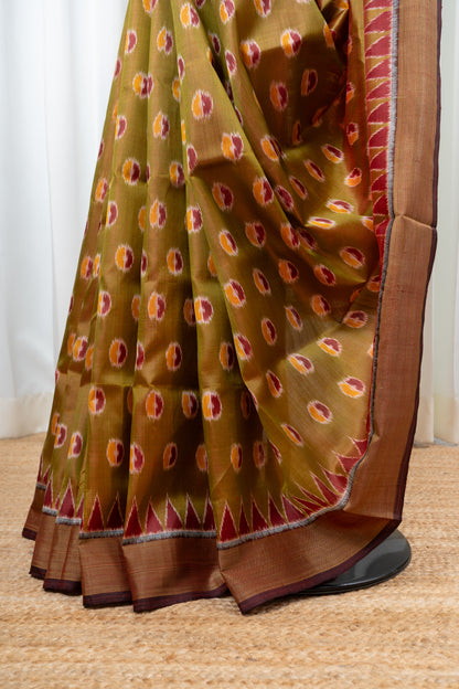 Odisha Ikkat Pure Khandua Silk Saree-Dual Shine Olive