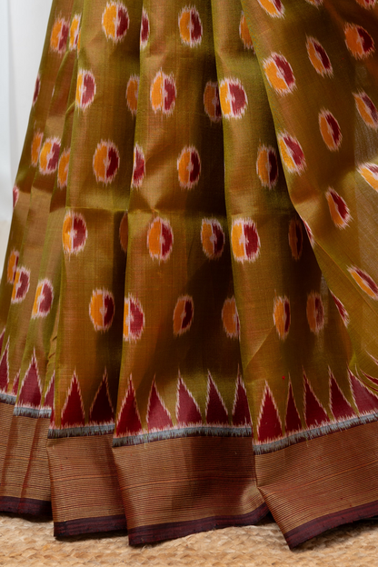 Odisha Ikkat Pure Khandua Silk Saree-Dual Shine Olive