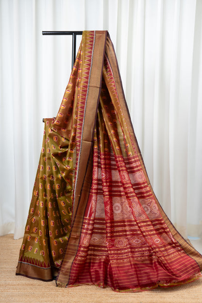 Odisha Ikkat Pure Khandua Silk Saree-Dual Shine Olive