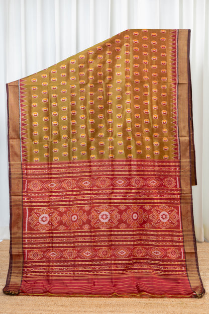 Odisha Ikkat Pure Khandua Silk Saree-Dual Shine Olive
