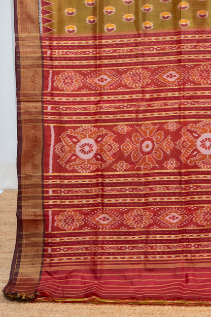 Odisha Ikkat Pure Khandua Silk Saree-Dual Shine Olive