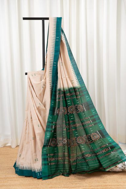Ek Phulia Cotton Saree-Beige and Rama Green