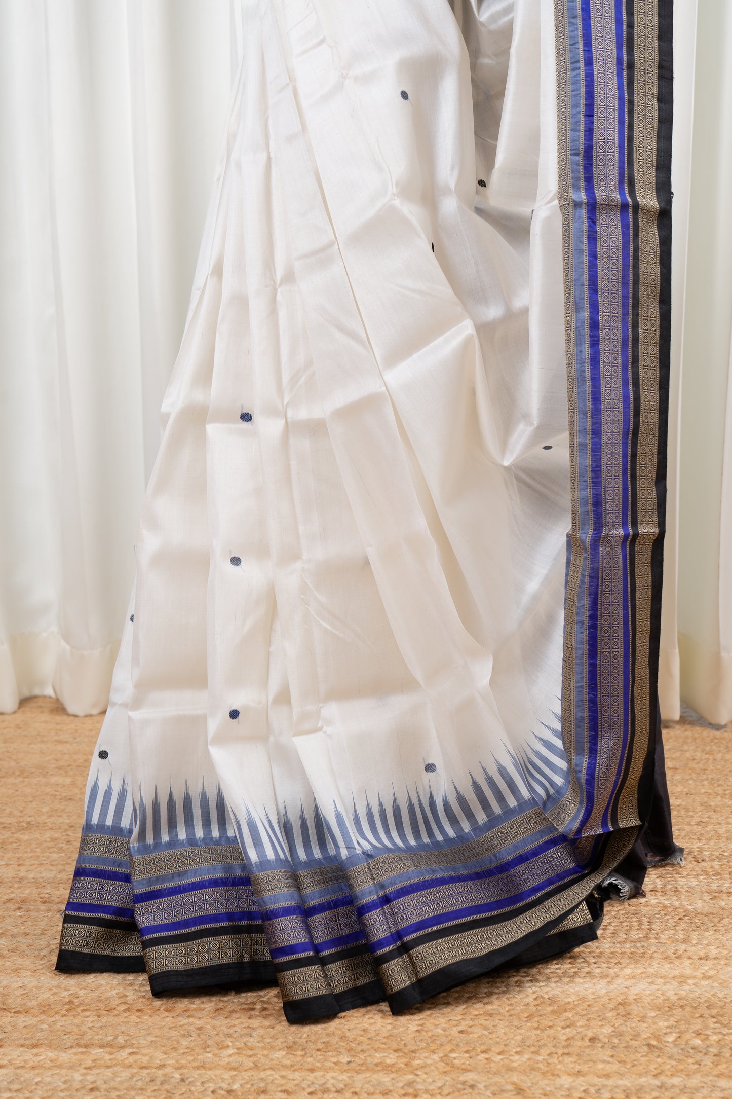 Kathifera Triple Border Ikkat Khandua Silk Saree - White